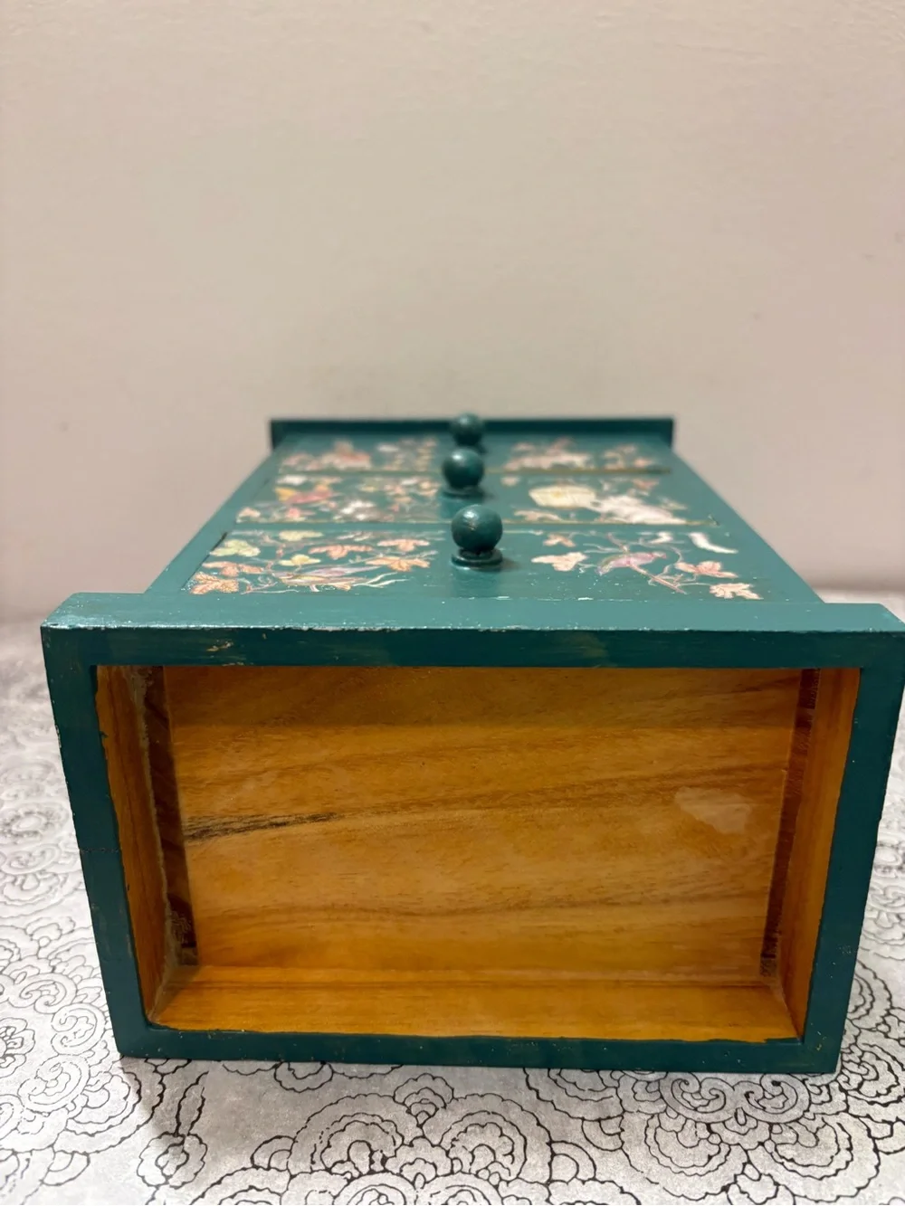 Teal Jewelry Chest with Cat & Bird Motif